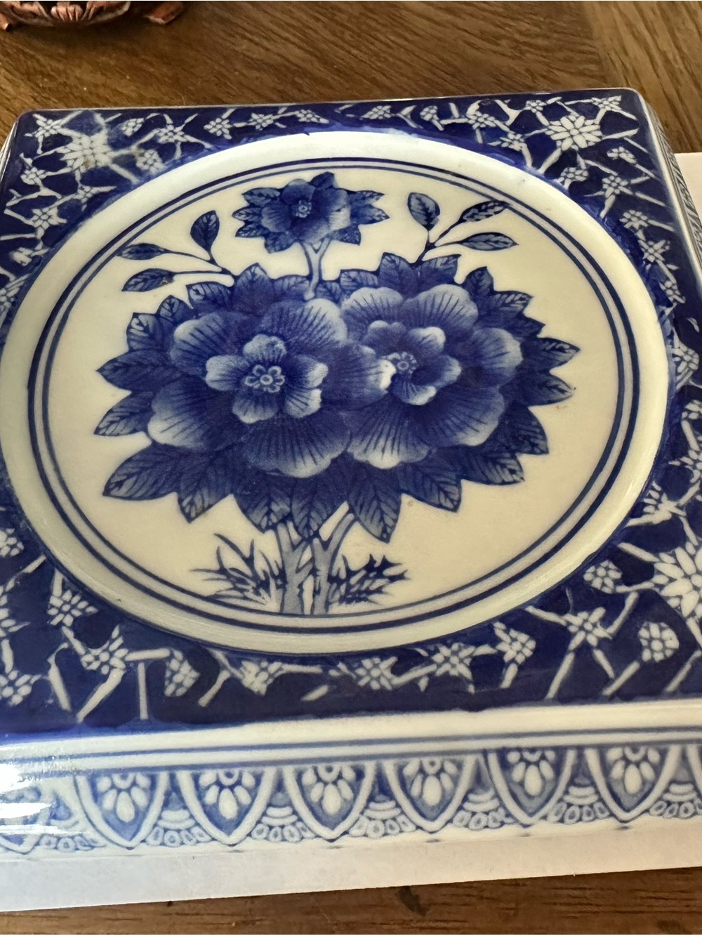 Vtg MCM DeChang Taoci Blue White Floral Porcelain Teapot Trivet Decor Japan Asia